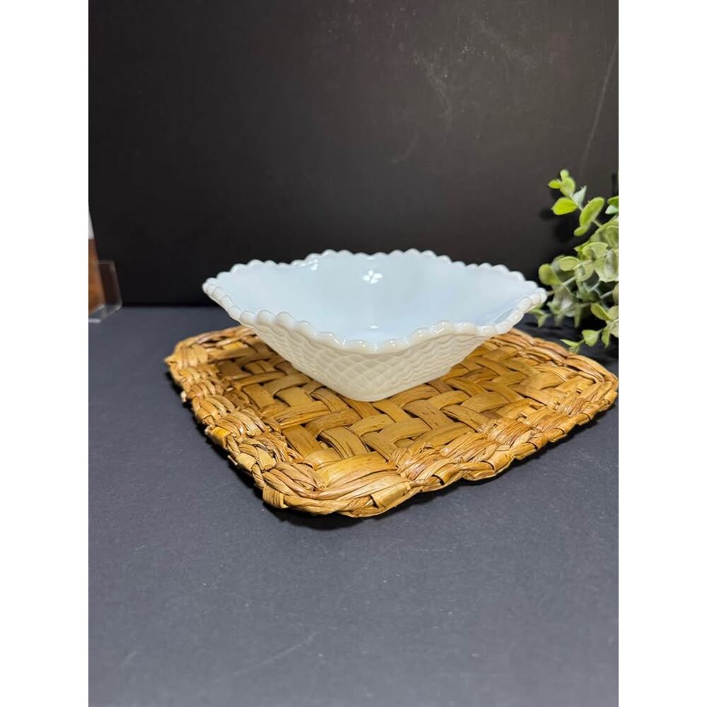 White Milk Glass Square Bowl Scalloped Edge